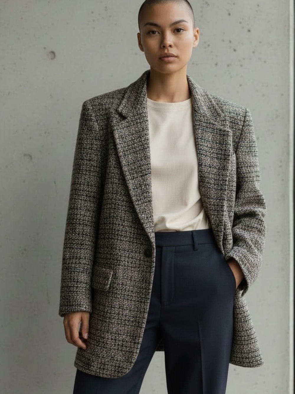 90s LIZ CLAIBORNE WOOL BLEND GRAY & NAVY TWEED PLAID MAN TAILORED BLAZER SZ 12